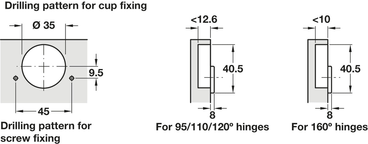 Häfele 348.37.600 Grass - Concealed Blind Corner Hinge, Tiomos, 110° Opening Angle, Inset Mounting, for blind corner applications (inset), Self-close, screw-on, model F045138474223