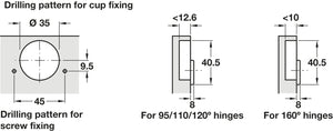 Häfele 348.37.600 Grass - Concealed Blind Corner Hinge, Tiomos, 110° Opening Angle, Inset Mounting, for blind corner applications (inset), Self-close, screw-on, model F045138474223