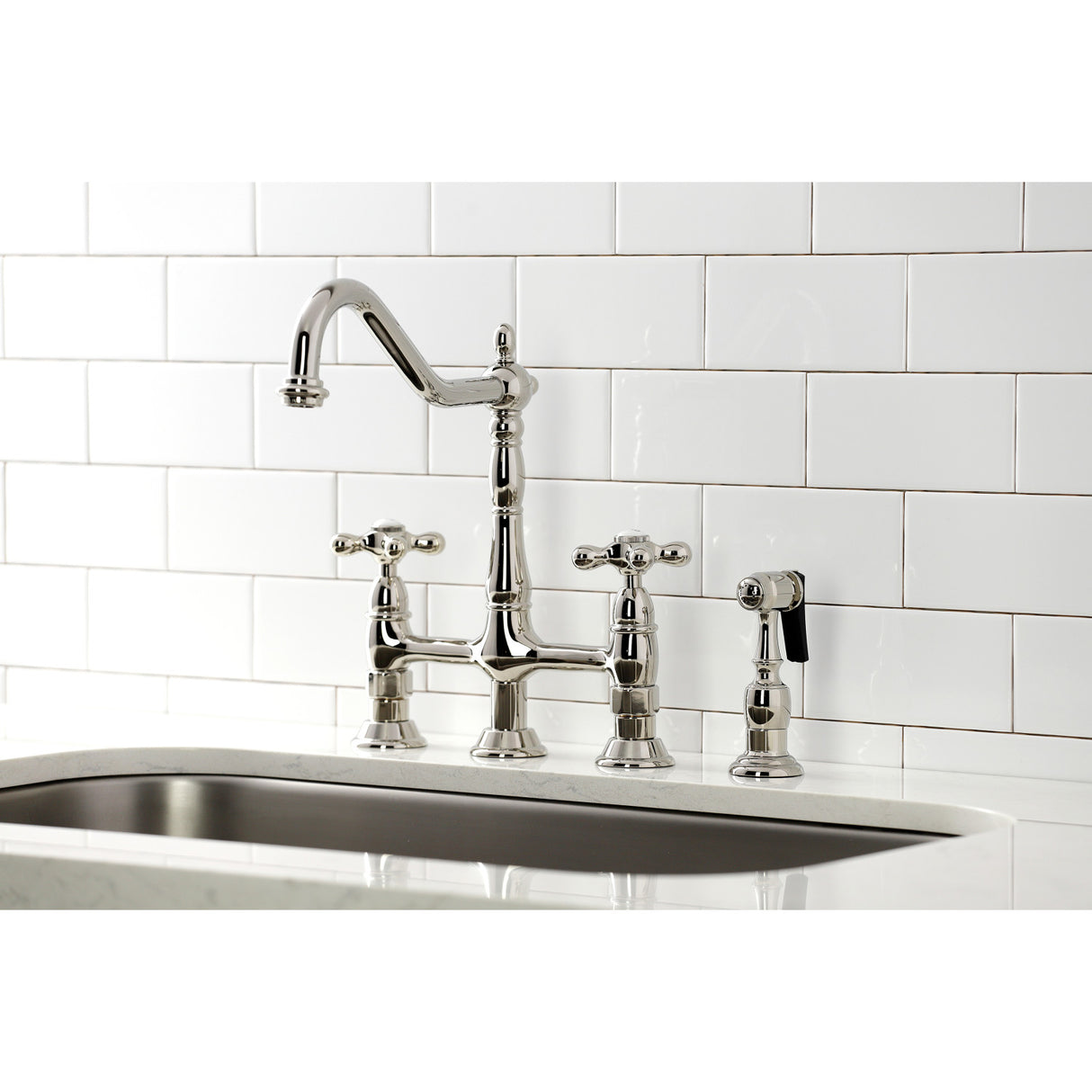 Kingston Brass KS1276AXBS Heritage Bridge Kitchen Faucet with Brass Sprayer, Polished Nickel