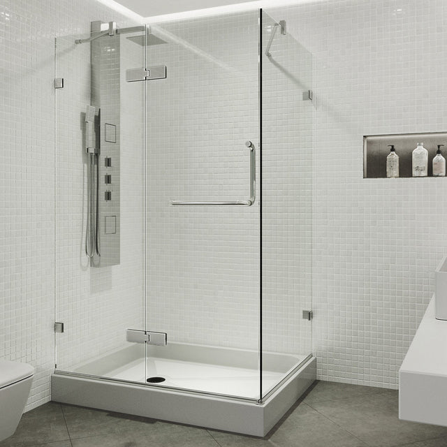 VIGO Monteray 32.375 W x 79.25 H Frameless Hinged Shower Enclosure in Chrome with shower base and handle VG6011CHCL48WL