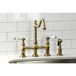 Kingston Brass KS1273PLBS Heritage Bridge Kitchen Faucet with Brass Sprayer, Antique Brass