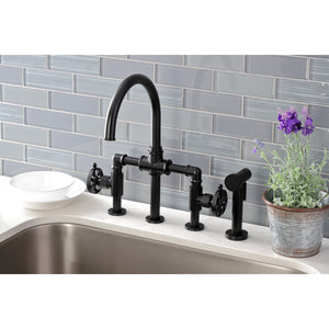 Kingston Brass KS2330RX Belknap Industrial Style Bridge Kitchen Faucet with Brass Sprayer, Matte Black