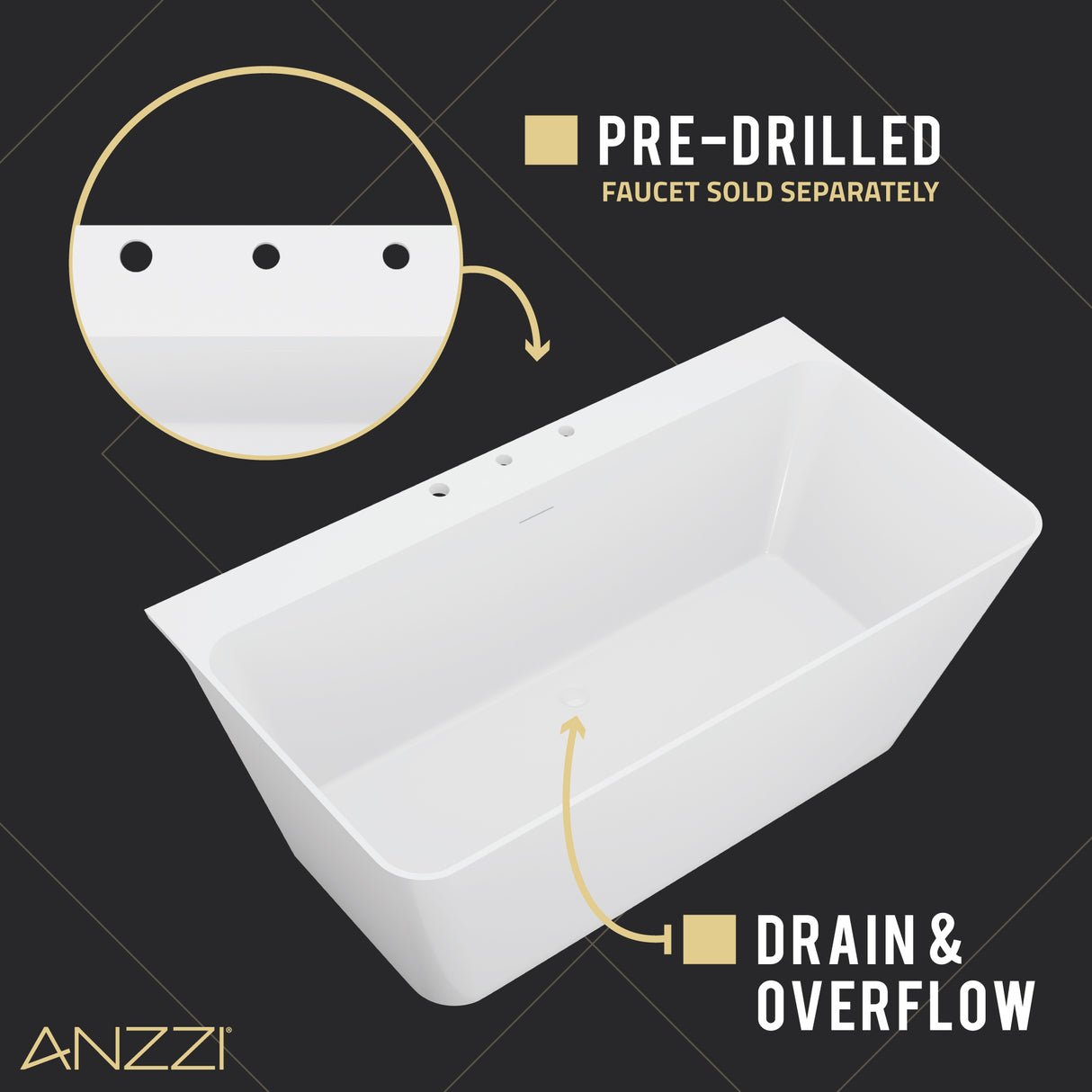 ANZZI FT-AZ114-67 VAULT 67 in. Acrylic Flatbottom Freestanding Bathtub in White with Pre-Drilled Deck Mount