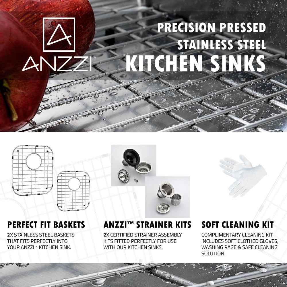 ANZZI KAZ3220-041 MOORE Undermount 32 in. Double Bowl Kitchen Sink with Singer Faucet in Polished Chrome