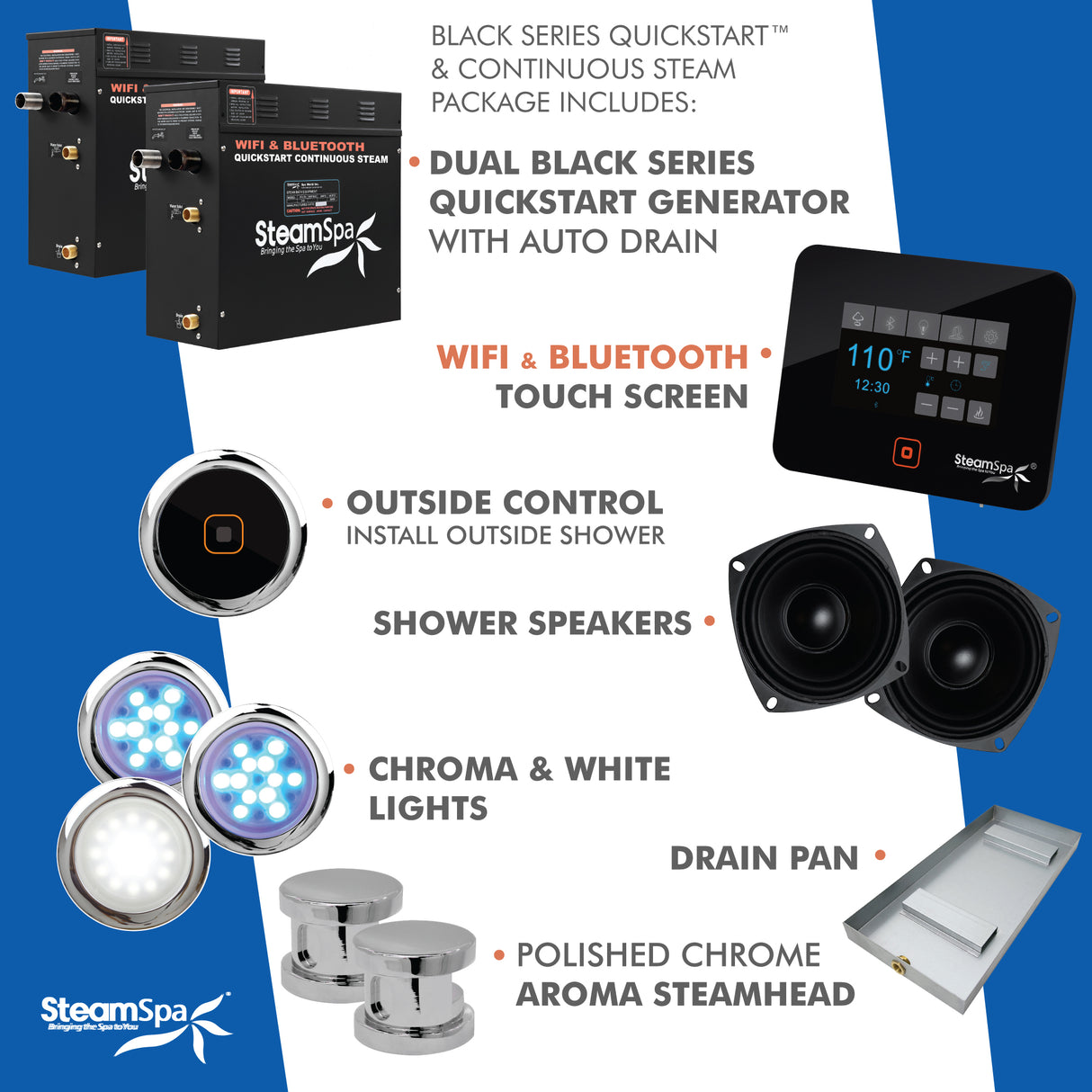 Black Series Wifi and Bluetooth 18kW QuickStart Steam Bath Generator Package in Polished Chrome BKT1800CH-A