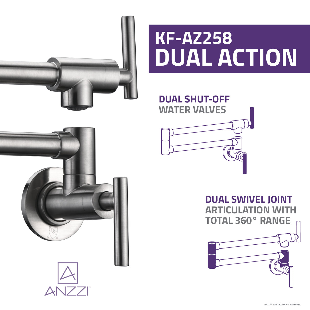 ANZZI KF-AZ258BN Braccia Series 24" Wall Mounted Pot Filler in Brushed Nickel