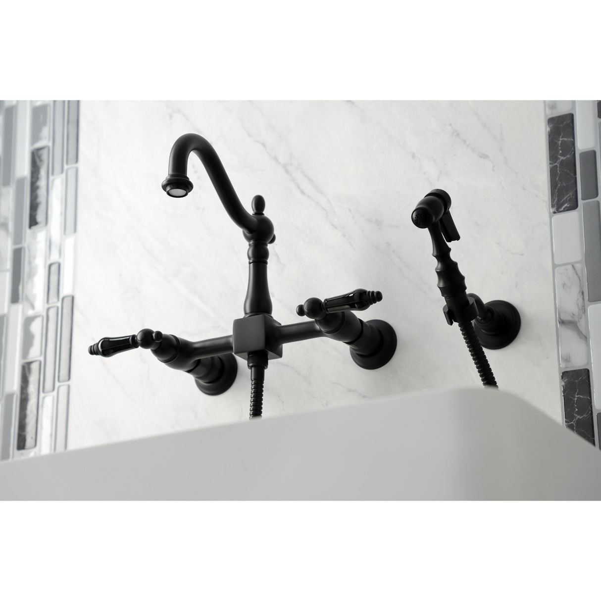 Kingston Brass KS1260PKLBS Duchess Wall Mount Bridge Kitchen Faucet with Brass Sprayer, Matte Black