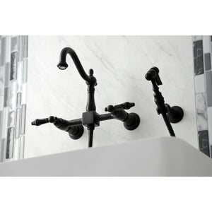 Kingston Brass KS1260PKLBS Duchess Wall Mount Bridge Kitchen Faucet with Brass Sprayer, Matte Black