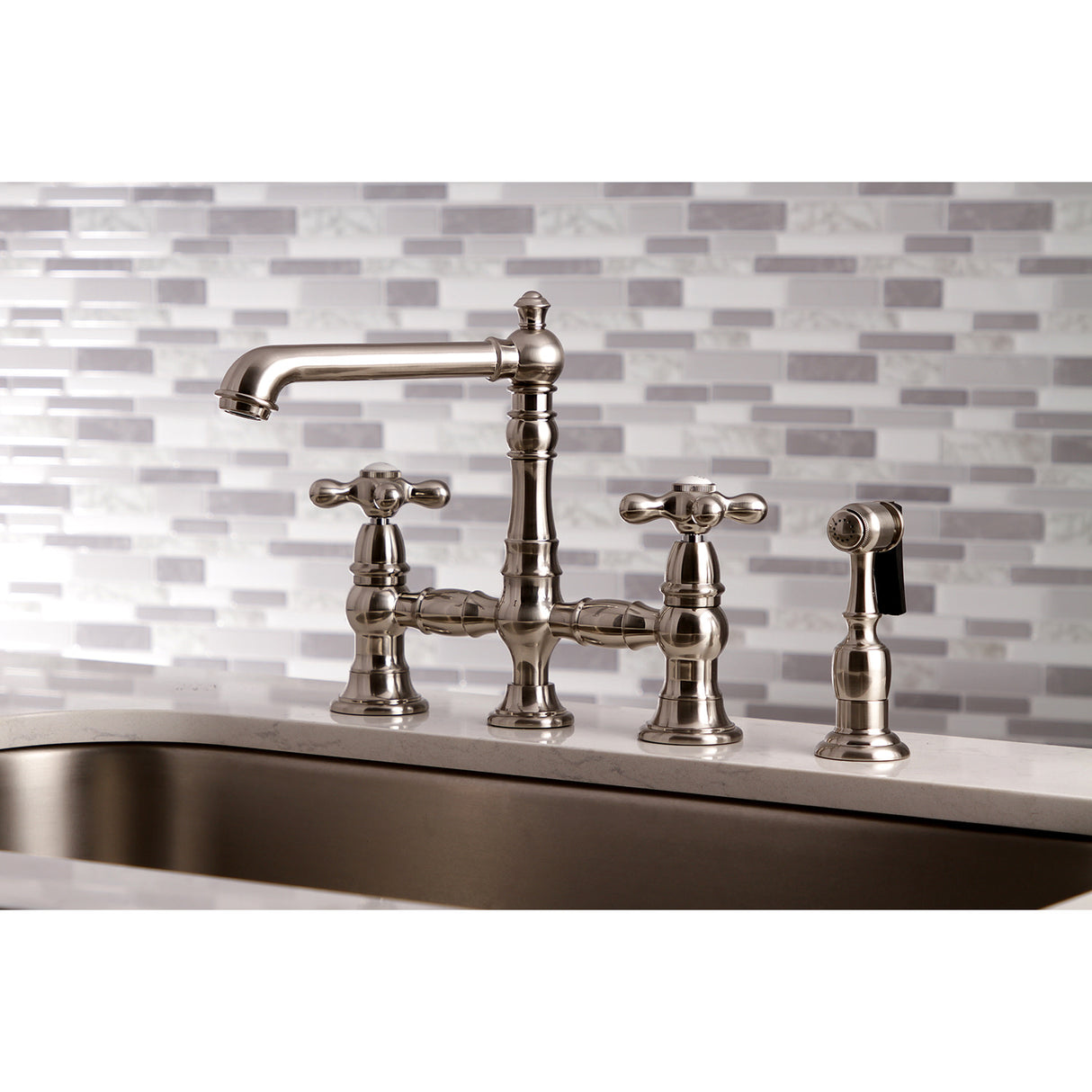 Kingston Brass KS7278AXBS English Country 8" Bridge Kitchen Faucet with Sprayer, Brushed Nickel