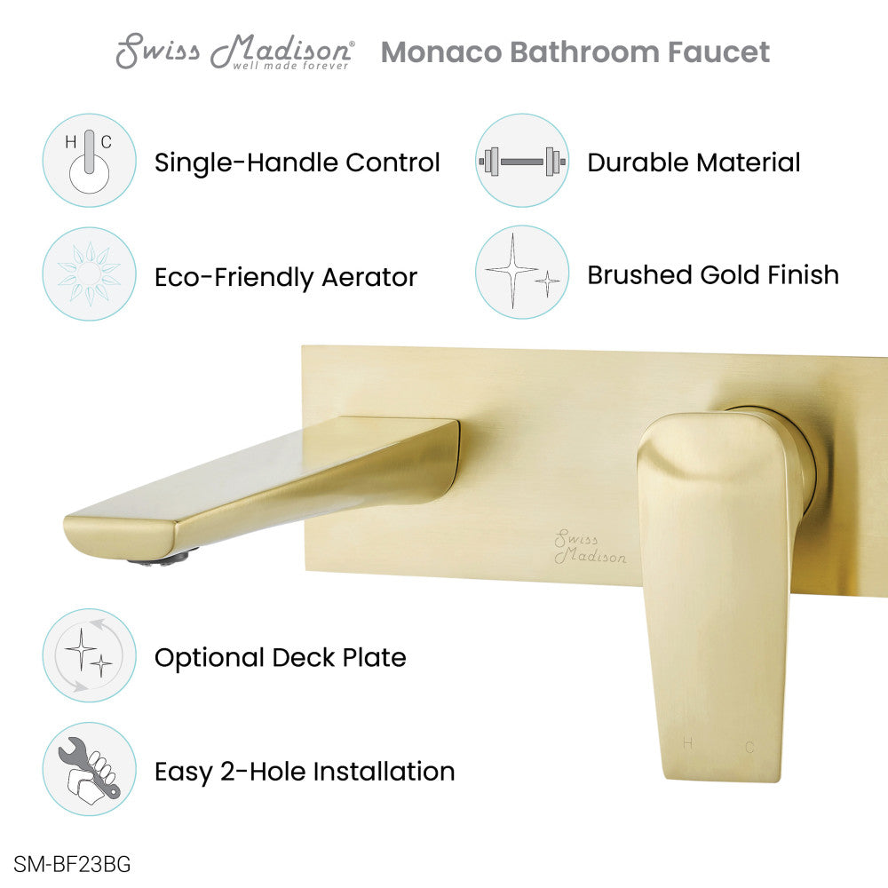 Monaco Single-Handle, Wall-Mount, Bathroom Faucet in Brushed Gold