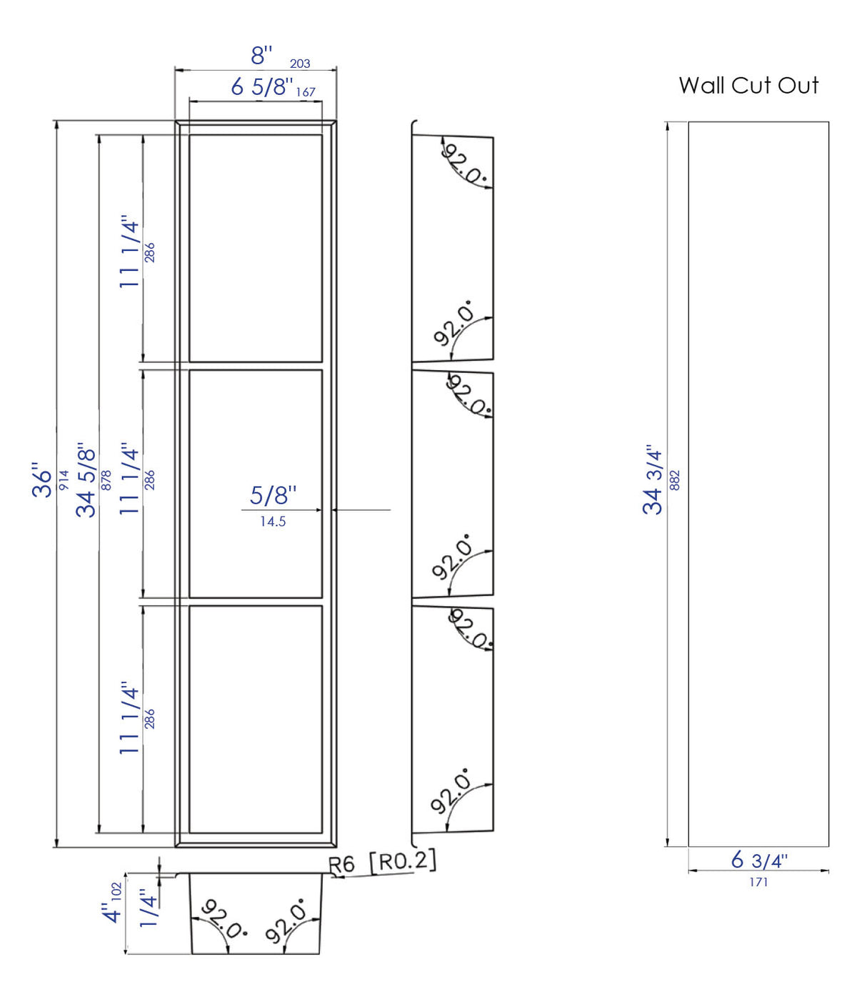 ALFI brand 8" x 36" Black Matte Stainless Steel Vertical Triple Shelf Bath Shower Niche