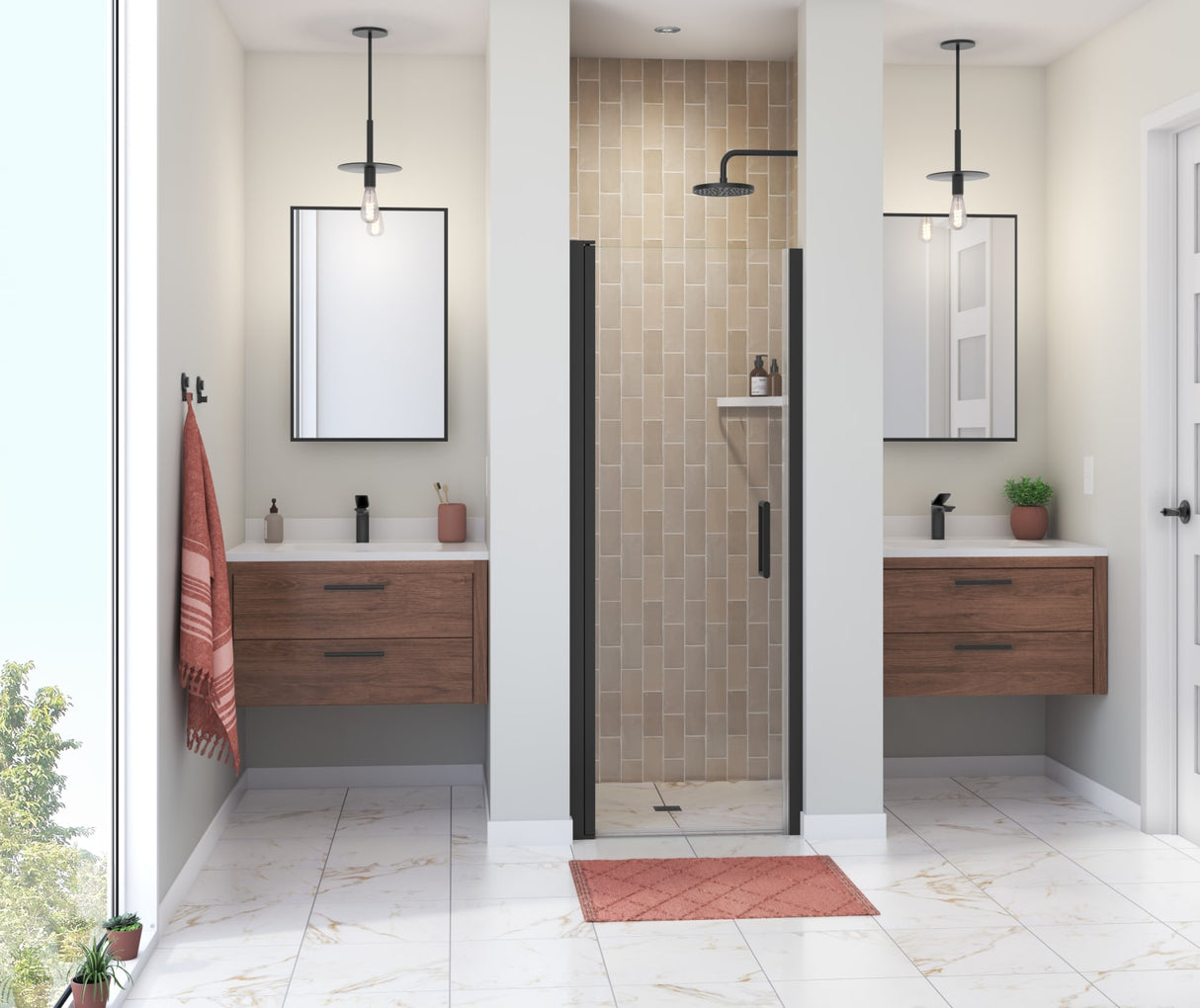 MAAX 138261-900-340-100 Manhattan 25-27 x 68 in. 6 mm Pivot Shower Door for Alcove Installation with Clear glass & Round Handle in Matte Black