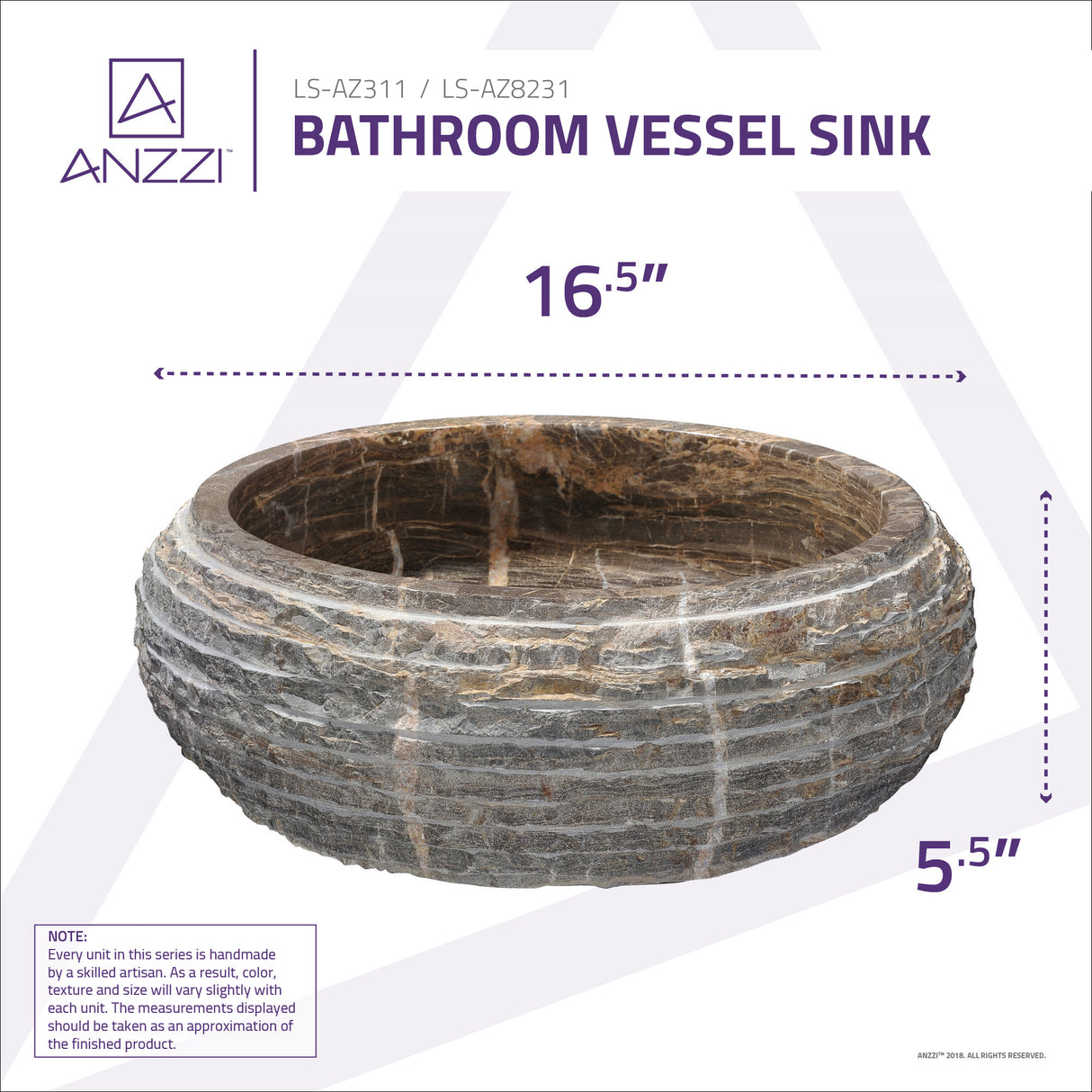 ANZZI LS-AZ8311-2H Mirage Ash Natural Stone Vessel Sink in Coffee Marble