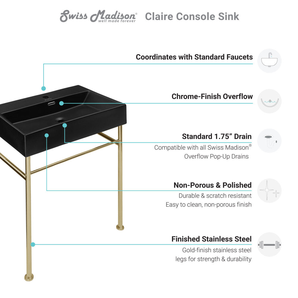 Claire 24 Ceramic Console Sink Matte Black Basin Gold Legs