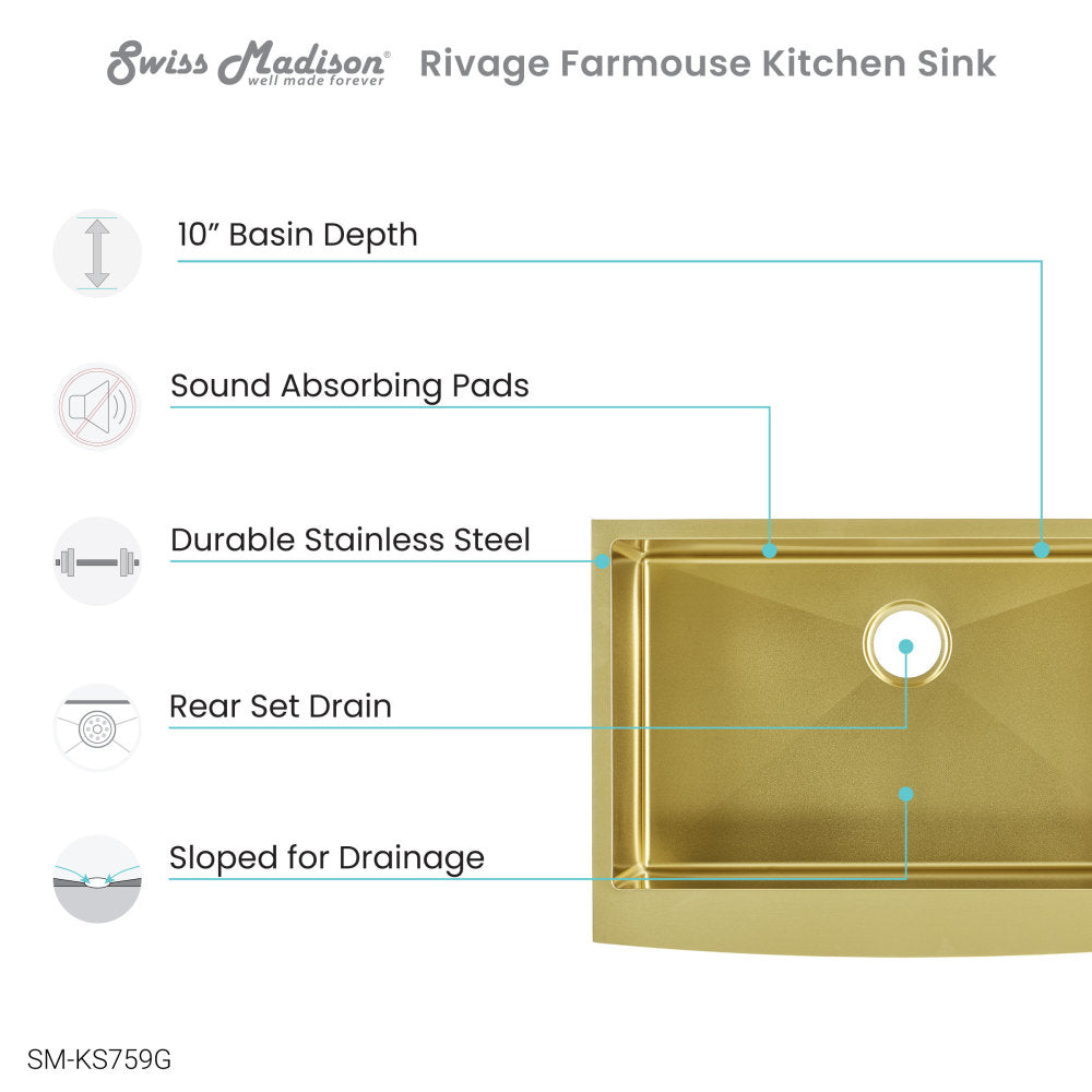 Rivage 30 x 21 Stainless Steel, Single Basin, Farmhouse Kitchen Sink with Apron in Gold