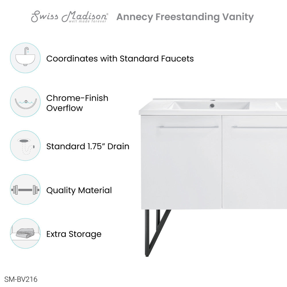 Annecy 60 Double, Glossy White, Two Doors, One Drawer, Bathroom Vanity