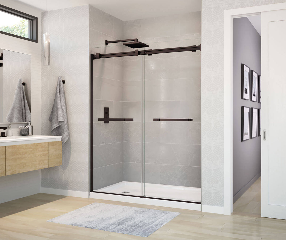 MAAX 136272-900-173-000 Duel 56-58 ½ x 70 ½-74 in. 8mm Bypass Shower Door for Alcove Installation with Clear glass in Dark Bronze