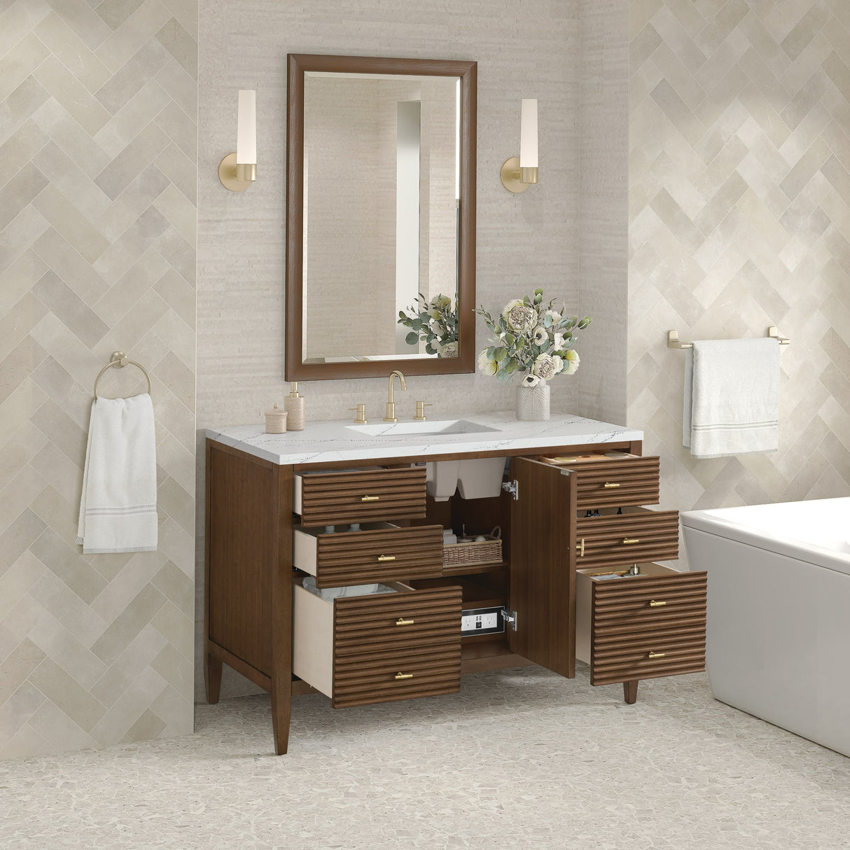 Myrrin 48" Single Vanity, Mid Century Walnut w/ 3 CM Ethereal Noctis Silestone Top