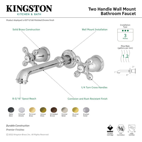 Kingston Brass KS7125AX English Country Two-Handle Wall Mount Bathroom Faucet, Oil Rubbed Bronze