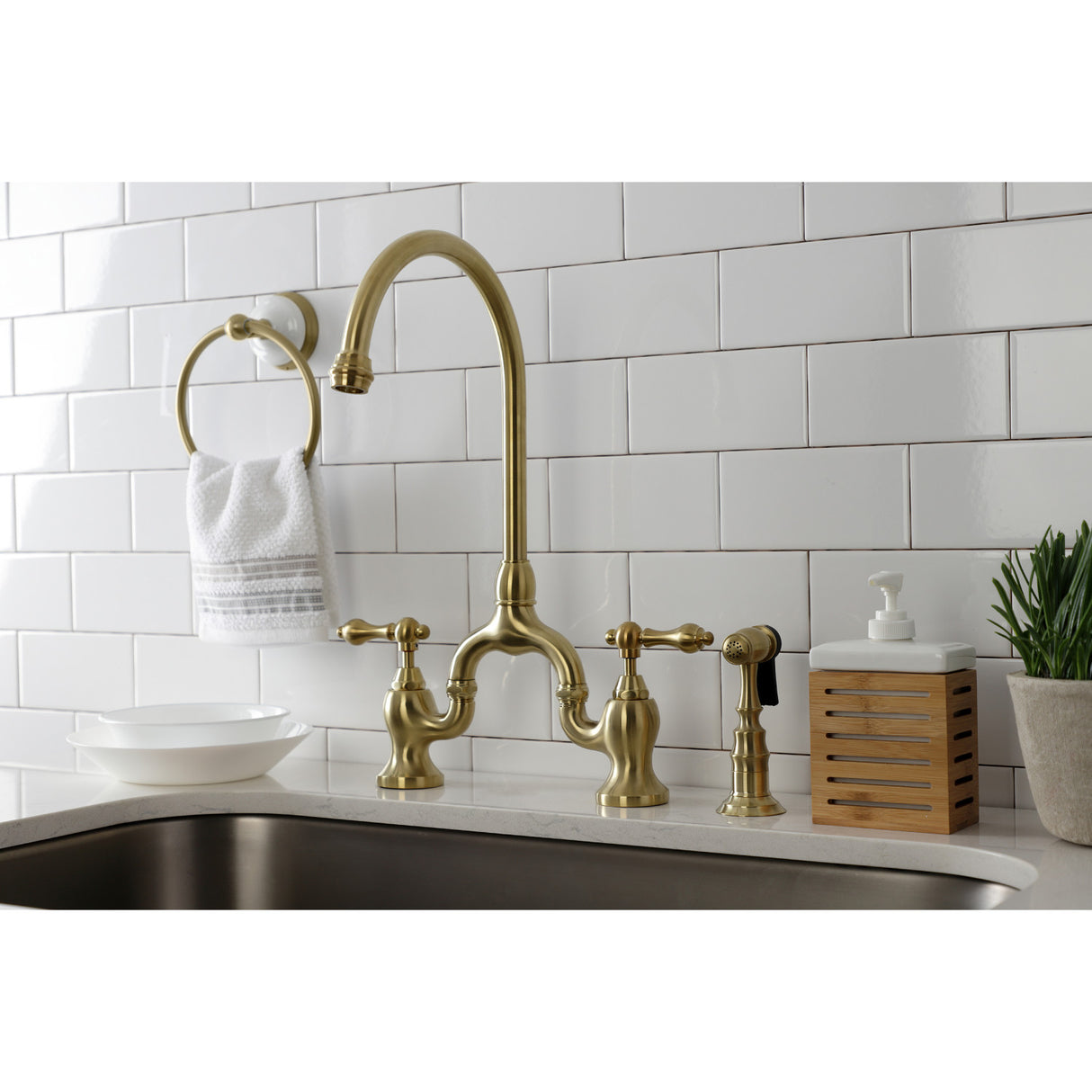 Kingston Brass KS7797ALBS English Country Bridge Kitchen Faucet with Brass Sprayer, Brushed Brass