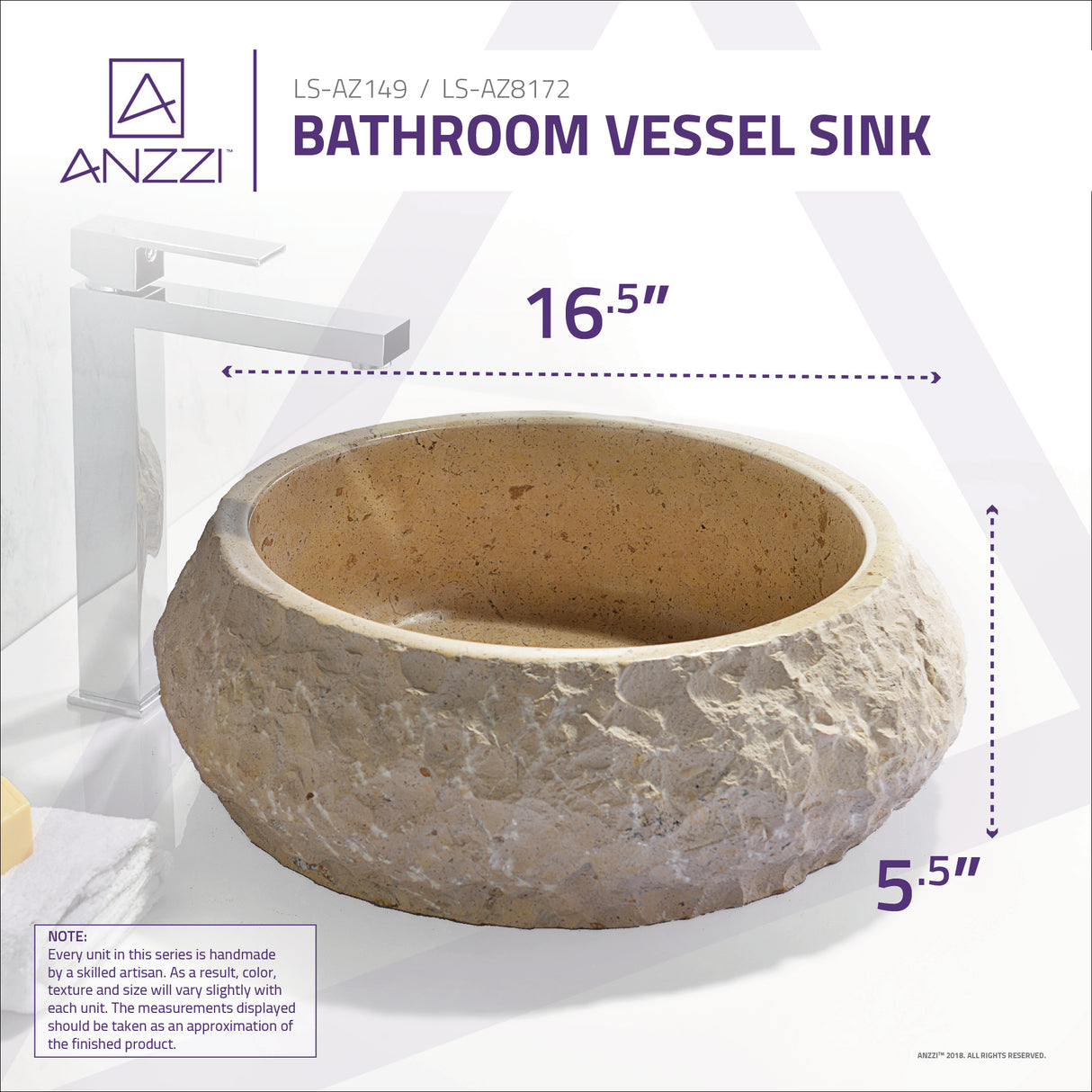 ANZZI LS-AZ8172 Desert Ash Vessel Sink in Classic Cream Marble