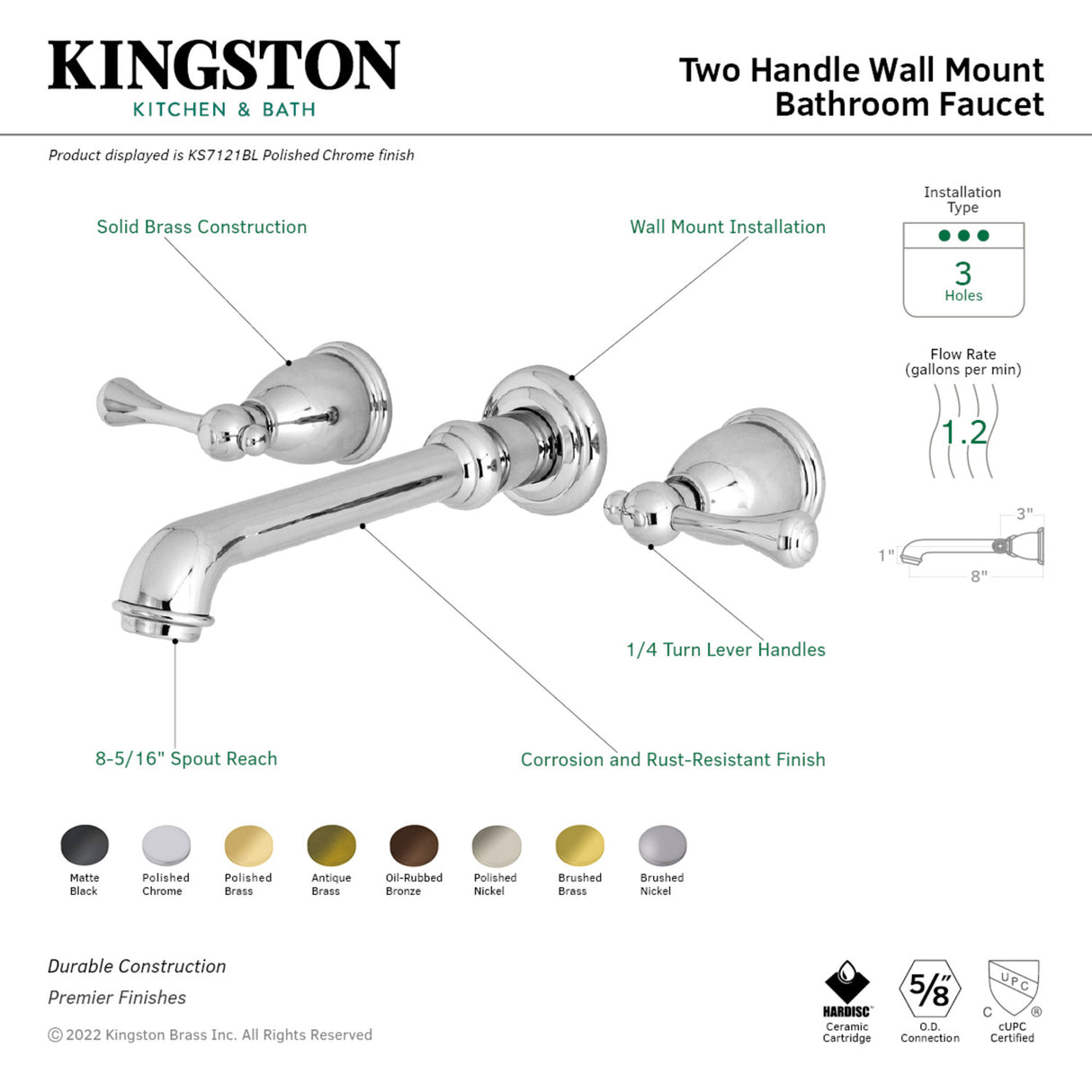 Kingston Brass KS7123BL 8-Inch Center Wall Mount Bathroom Faucet, Antique Brass