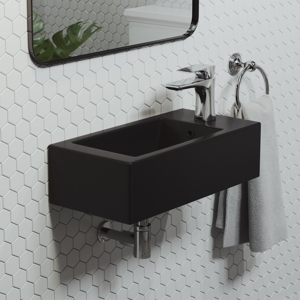 Voltaire 19.5 x 10 Rectangular Ceramic Wall Hung Sink with Right Side Faucet Mount, Matte Black