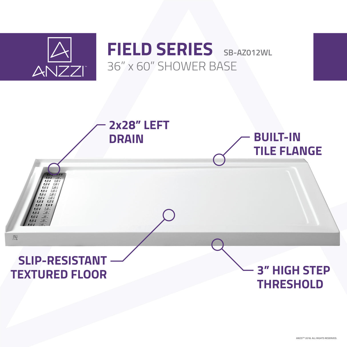 ANZZI SB-AZ012WL Field Series 36 in. x 60 in. Double Threshold Shower Base in White