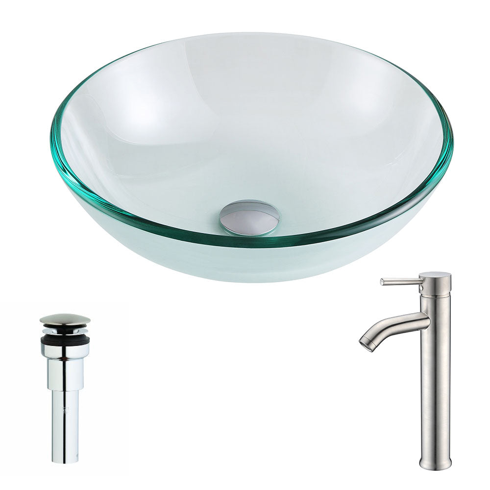 ANZZI LSAZ087-040 Etude Series Deco-Glass Vessel Sink in Lustrous Clear with Fann Faucet in Brushed Nickel