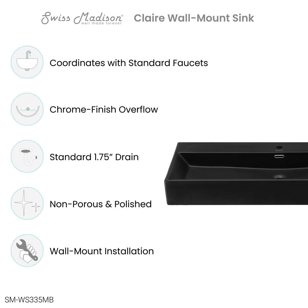 Claire 40" Rectangle Wall-Mount Bathroom Sink in Matte Black