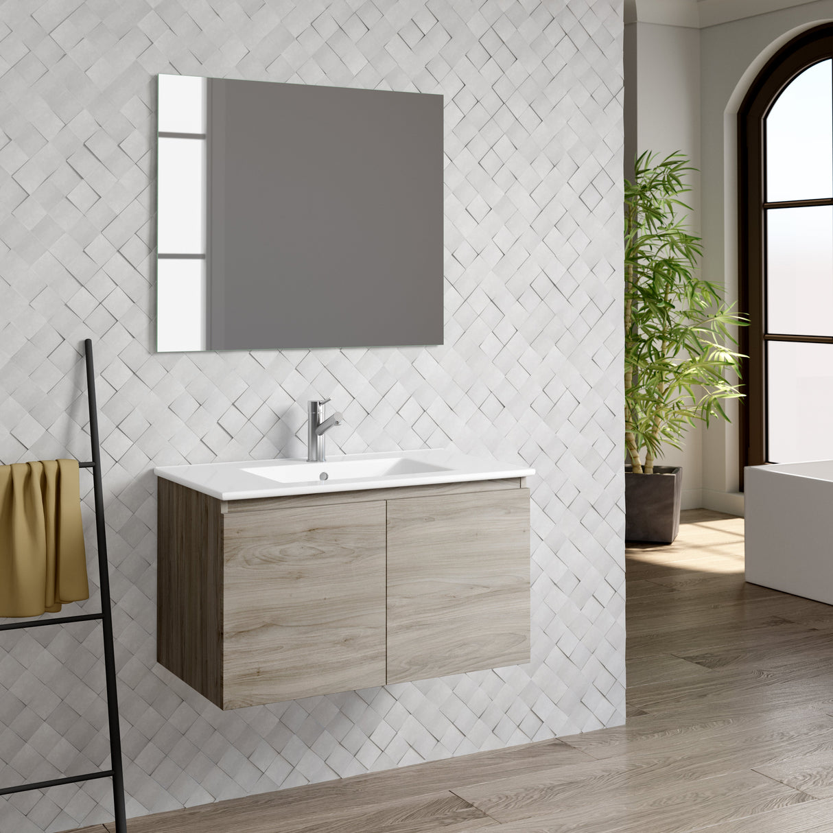 DAX Malibu Engineered Wood and Porcelain Onix Basin with Vanity Cabinet, 32", Pine DAX-MAL013212-ONX