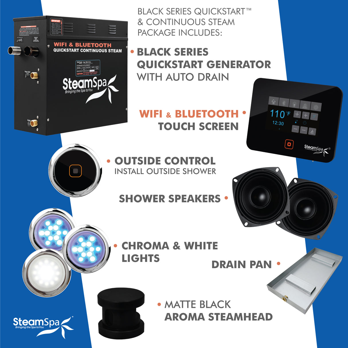 Black Series Wifi and Bluetooth 6kW QuickStart Steam Bath Generator Package in Matte Black BKT600MK-A