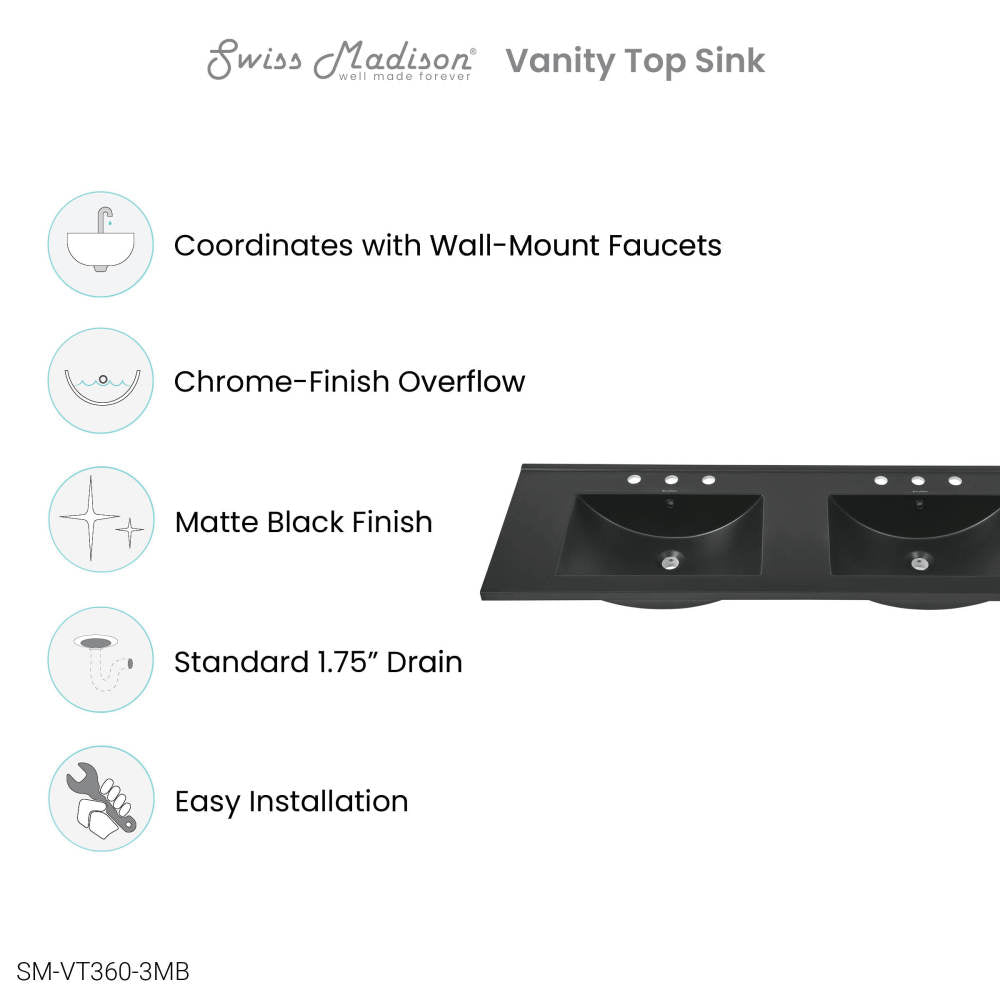 60 inch Vanity Top Bathroom Sink in Matte Black with 3 Holes