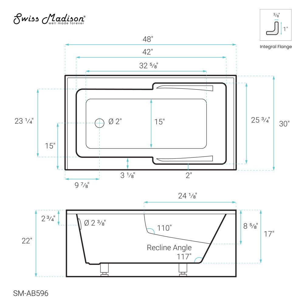 Voltaire 48 x 30" Left-Hand Drain Alcove Integrated Armrest Bathtub with Apron