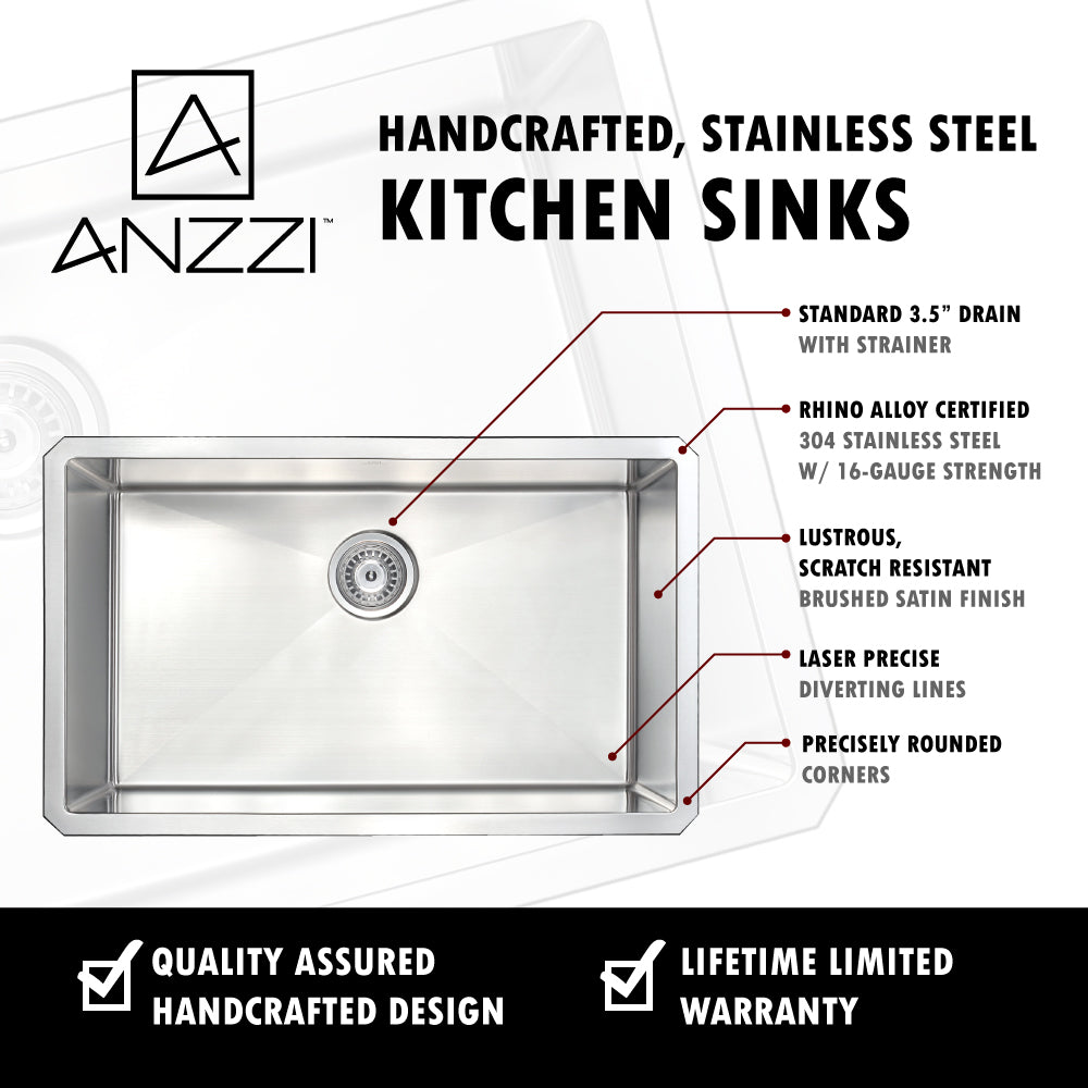 ANZZI KAZ2318-042 VANGUARD Undermount Stainless Steel 23 in. Single Bowl Kitchen Sink and Faucet Set with Singer Faucet in Brushed Nickel