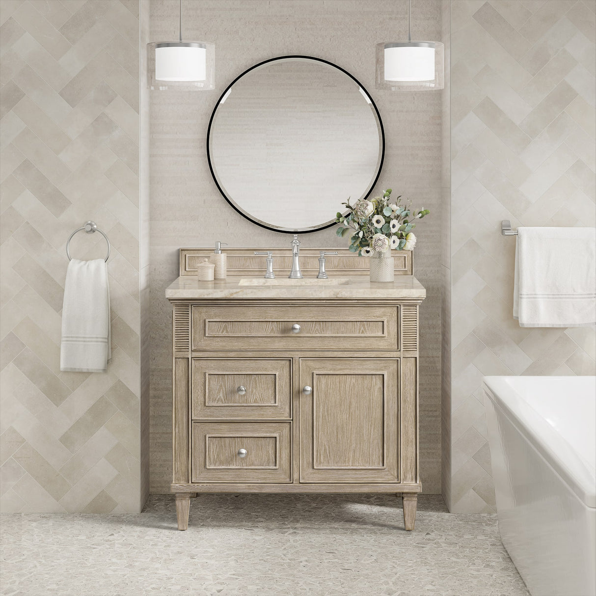 Lorelai 36" Single Vanity, Whitewashed Oak, w/ 3 CM Tajnar Eclos Top