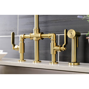 Kingston Brass KS2337KL Whitaker Industrial Style Bridge Kitchen Faucet with Brass Sprayer, Brushed Brass