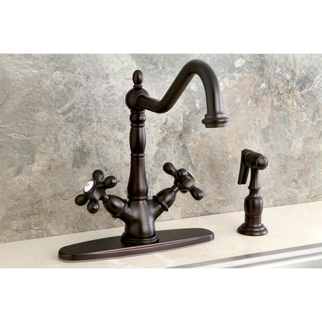 Kingston Brass KS1235AXBS Heritage Deck Mount Kitchen Faucet With Brass Sprayer, Oil Rubbed Bronze