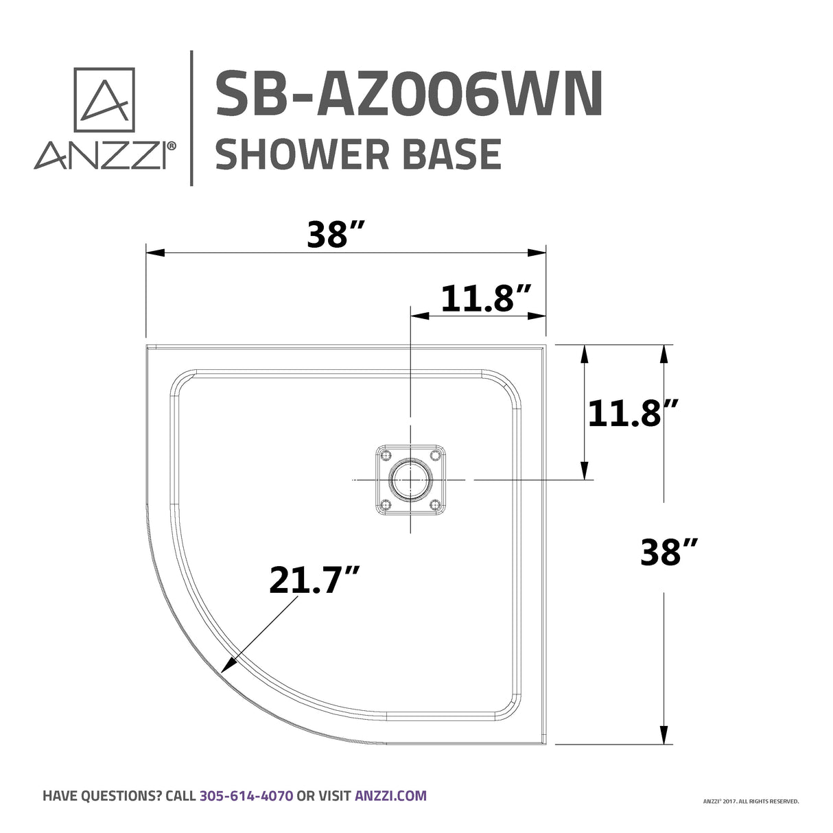 ANZZI SB-AZ006WN-R Series 38 in. x 38 in. Shower Base in White