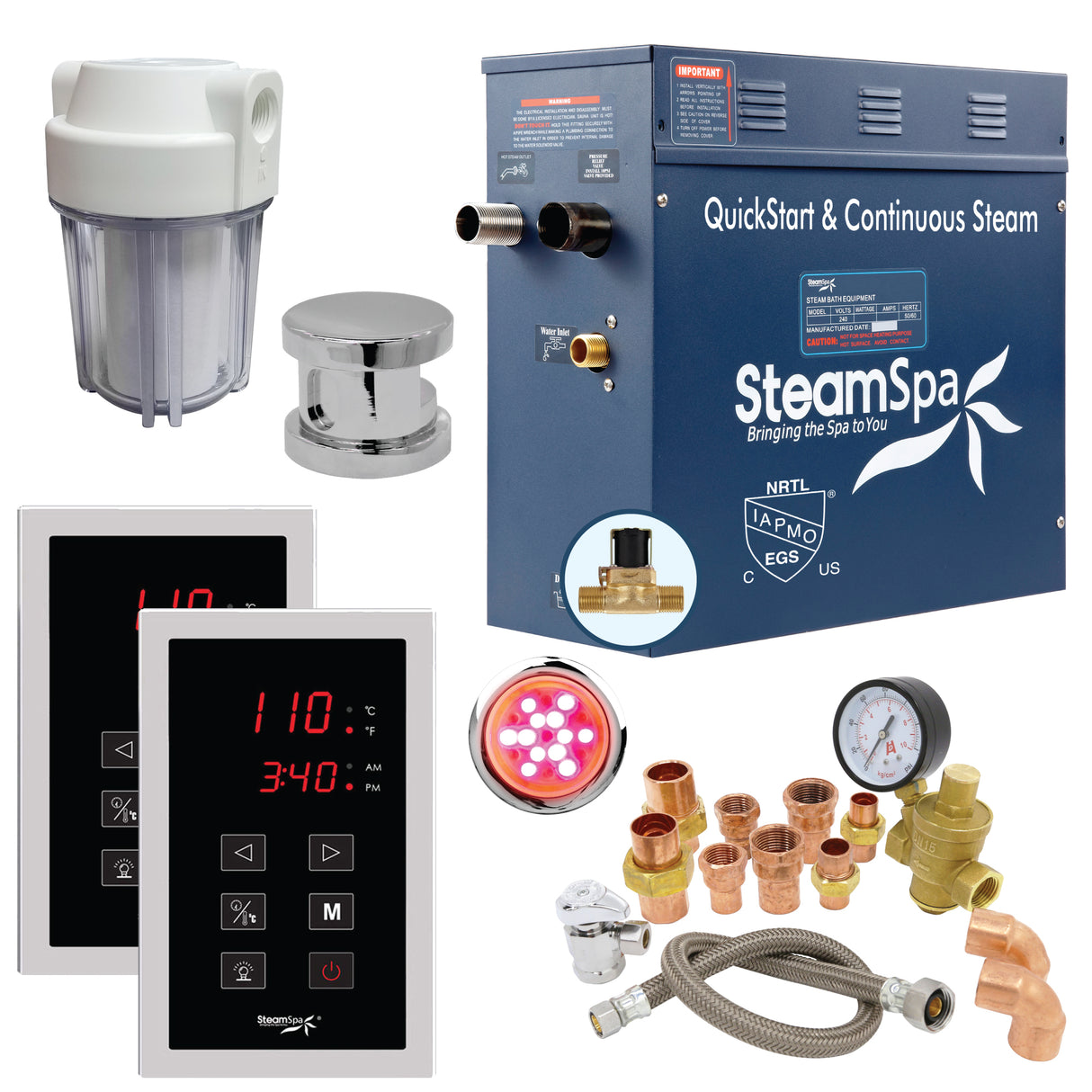 SteamSpa Executive 7.5 KW QuickStart Acu-Steam Bath Generator Package with Built-in Auto Drain and Install Kit in Gold | Steam Generator Kit with Dual Control Panel Steamhead 240V | EXT750CH-A EXT750CH-A