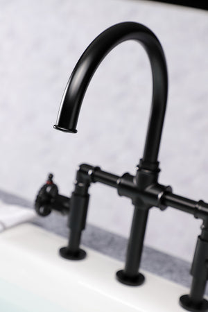 Kingston Brass KS2330CG Fuller Industrial Style Bridge Kitchen Faucet with Brass Sprayer, Matte Black