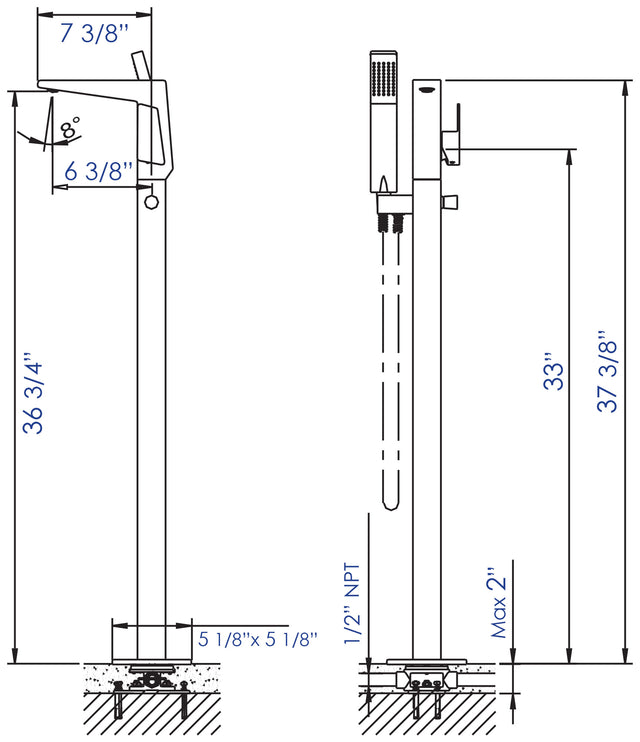 ALFI brand AB2475-PC Polished Chrome Single Hole Floor Mounted Tub Filler