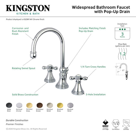 Kingston Brass KS2981AX Governor Widespread Bathroom Faucet with Brass Pop-Up, Polished Chrome