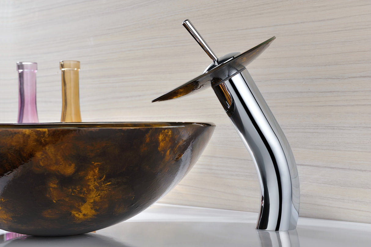 ANZZI LS-AZ049 Timbre Series Deco-Glass Vessel Sink in Kindled Amber with Matching Chrome Waterfall Faucet
