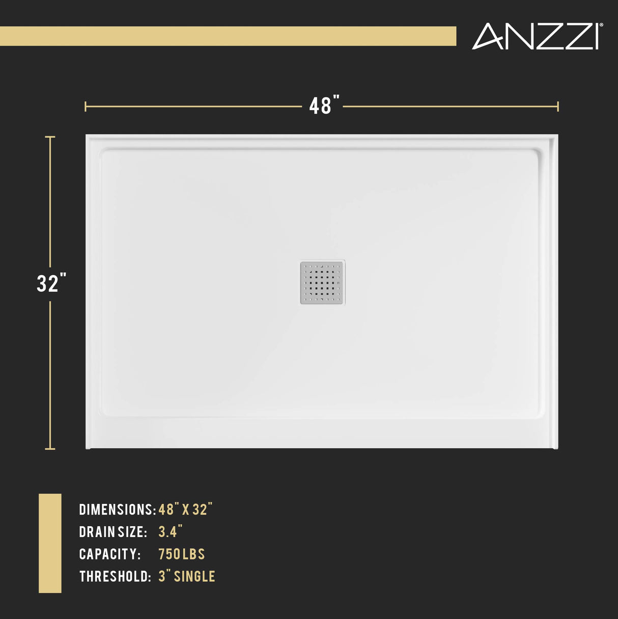 ANZZI SB-AZ103C ALEXANDER 48 in. x 32 in. Center Drain Shower Base in White