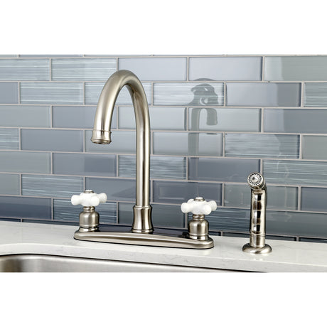 Kingston Brass FB7798PXSP Victorian 8" Centerset Kitchen Faucet with Sprayer, Brushed Nickel