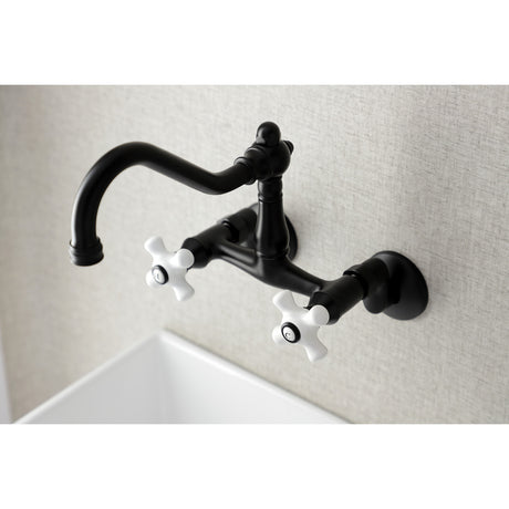Kingston Brass KS3220PX Vintage 6" Adjustable Center Wall Mount Kitchen Faucet, Matte Black