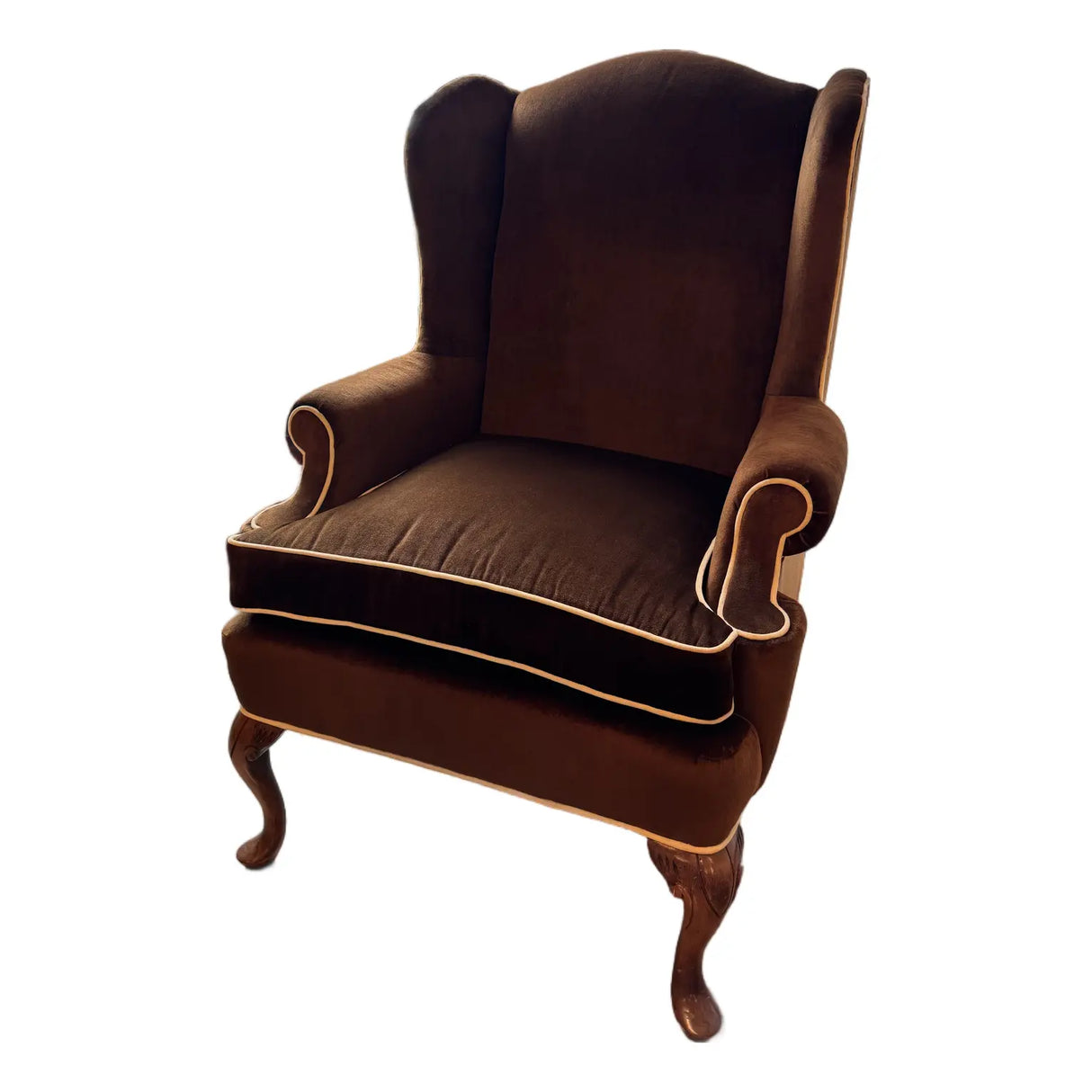 Vintage Ethan Allen Brown Velvet Wingback Chair – Cream Piping & Carved Wood Legs (1970s)