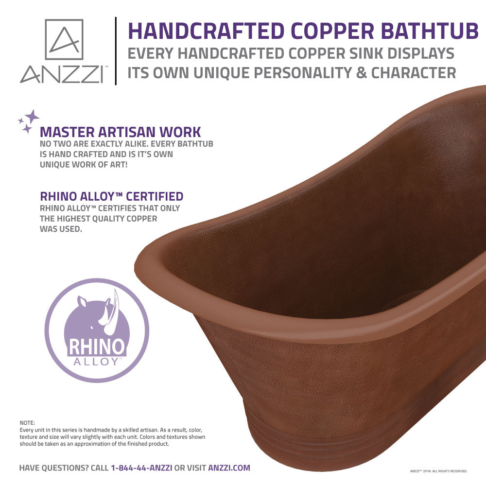 ANZZI BT-007 Nero 70 in. Handmade Copper Double Slipper Flatbottom Non-Whirlpool Bathtub in Hammered Antique Copper