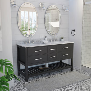 Valencia 60 Inch Birch & Oak Console Vanity with Oval Undermount Sinks - Black